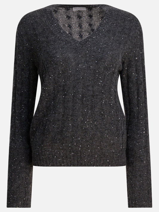 V neck sweaters Textured knit  Blue - Brunello Cucinelli Women | PDP | VIETTI Online Store 
